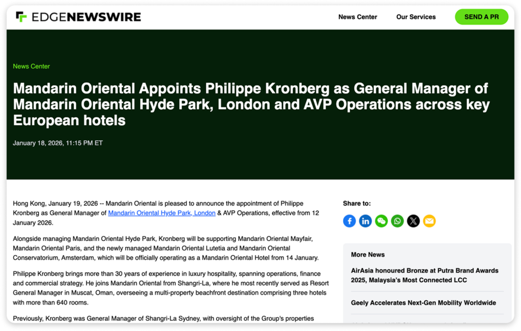 Screenshot of EdgeNewswire article page showing a press release about Mandarin Oriental.