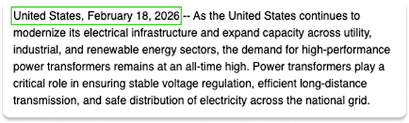 Press release opening paragraph with a U.S. dateline discussing demand for high-performance power transformers and electrical infrastructure.
