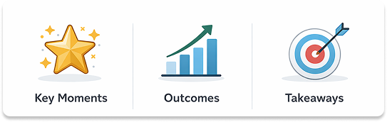 Infographic showing three items: Key Moments, Outcomes, and Takeaways, each with a simple icon.