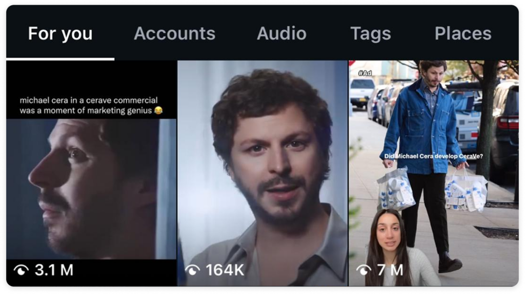 A social media discovery feed showing multiple videos about Michael Cera and CeraVe.