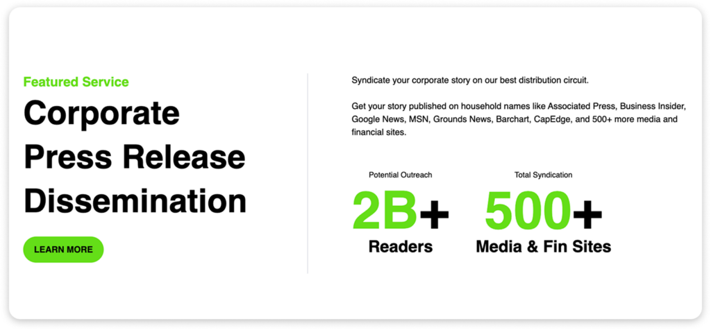 Corporate press release dissemination service with media reach and syndication metrics.