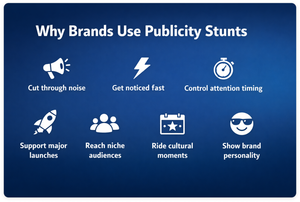 Graphic titled “Why Brands Use Publicity Stunts” showing seven reasons with icons.
