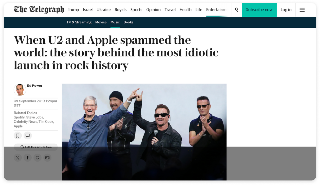 A screenshot of a Telegraph article titled “When U2 and Apple spammed the world.
