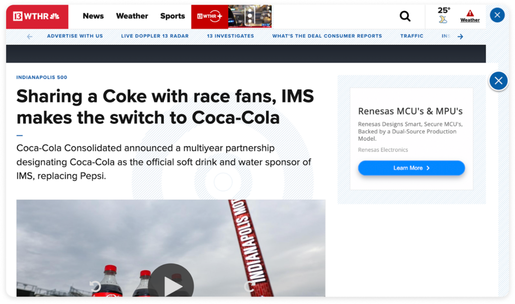 A screenshot of a WTHR 13 news article titled “Sharing a Coke with race fans, IMS makes the switch to Coca-Cola."