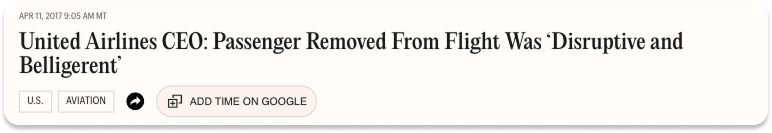 Article headline reading “United Airlines CEO: Passenger Removed From Flight Was ‘Disruptive and Belligerent"
