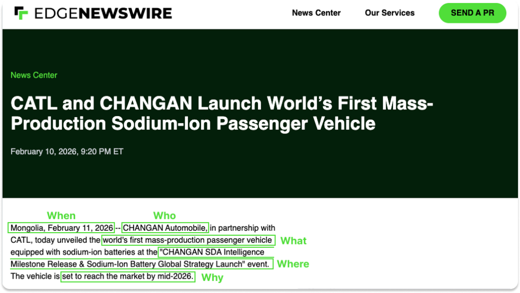 Example of a press release body paragraph annotated to show the who, what, when, where, and why.