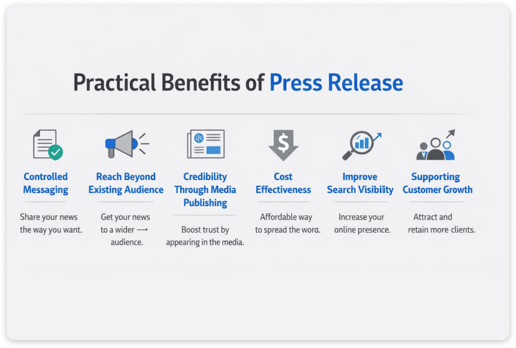 Infographic outlining key benefits of using press releases for business communication.