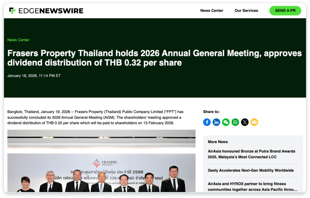 Screenshot of an EdgeNewswire press release reporting Frasers Property Thailand’s 2026 Annual General Meeting and the approval of a dividend distribution of THB 0.32 per share.