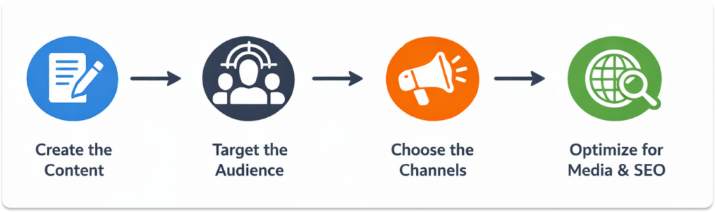 Horizontal infographic showing four steps for press release success: Create content, target the audience, choose the channels, and optimize for media and search engines.