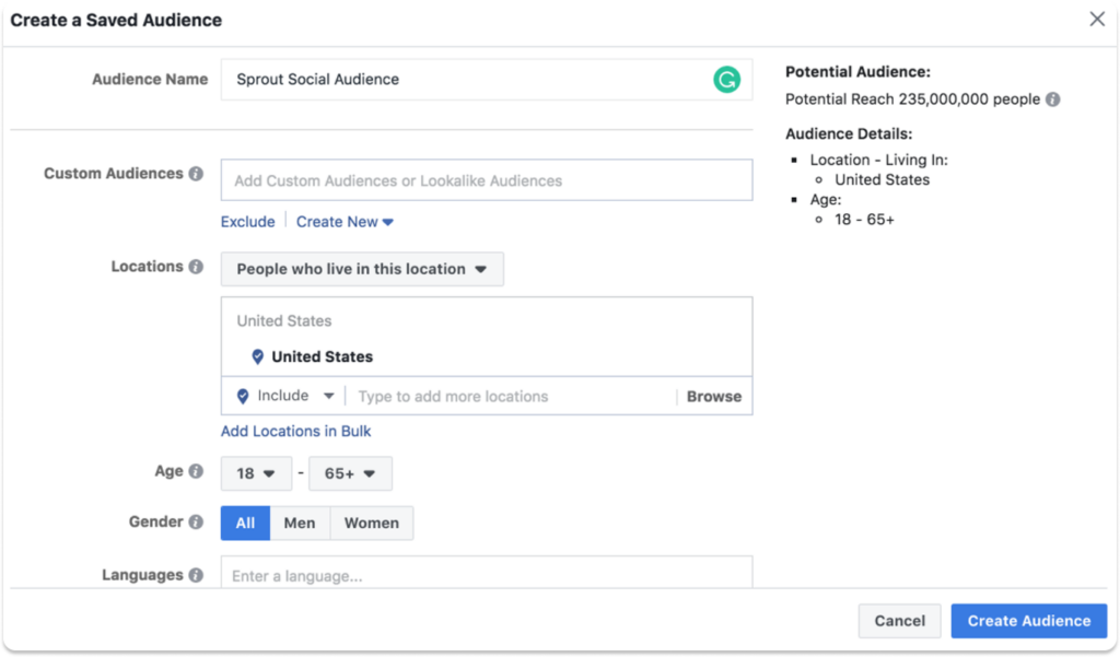 An image of audience targeting in Facebook Ads Manager: settings to Create a Saved Audience
