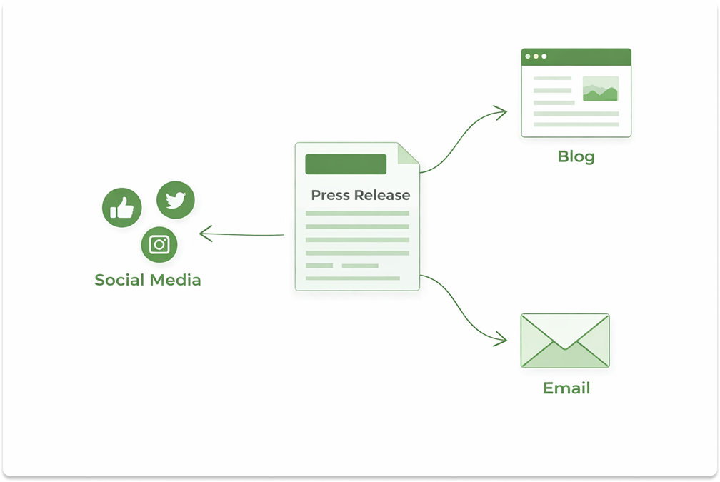 Diagram showing a press release feeding into social media, blog, and email channels.