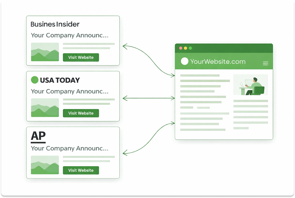 Graphic showing media articles linking to a company website.