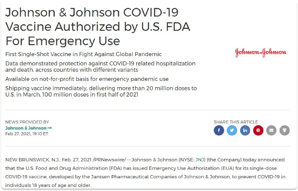Screenshot of a Johnson & Johnson press release announcing FDA emergency use authorization for its COVID-19 vaccine.