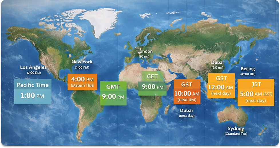 World map showing major cities and their time zones.