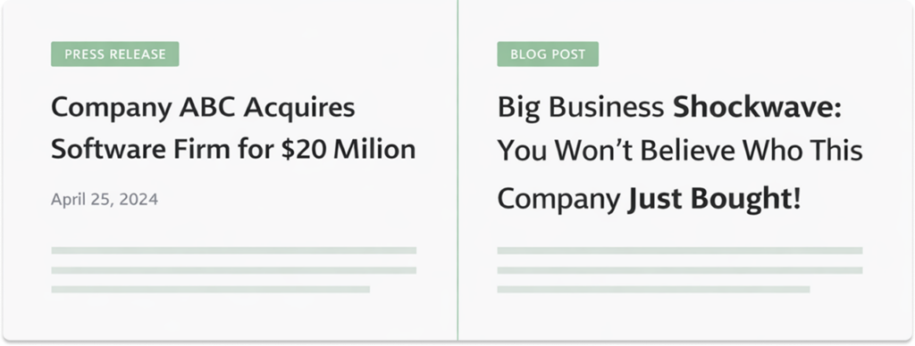 Comparison between a clear, factual press release headline and a dramatic, hype-style blog headline.