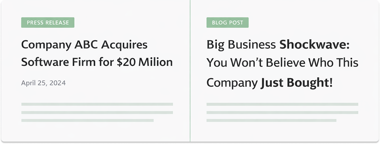 Comparison between a clear, factual press release headline and a dramatic, hype-style blog headline.