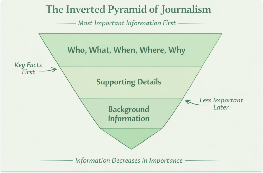Inverted pyramid journalism diagram showing the most important information at the top (Who, What, When, Where, Why), followed by supporting details and background information in descending order.