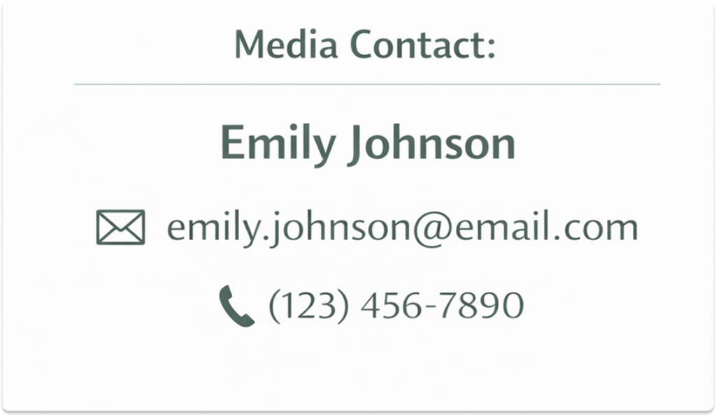 Press release media contact section showing a name, email address, and phone number for journalist inquiries.