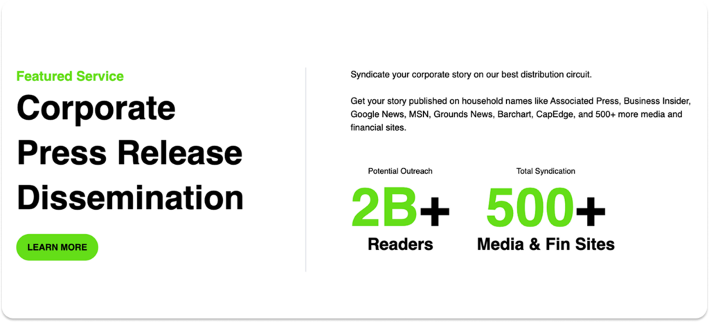Corporate press release distribution service highlighting 2B+ reader reach and syndication across 500+ media and financial sites.